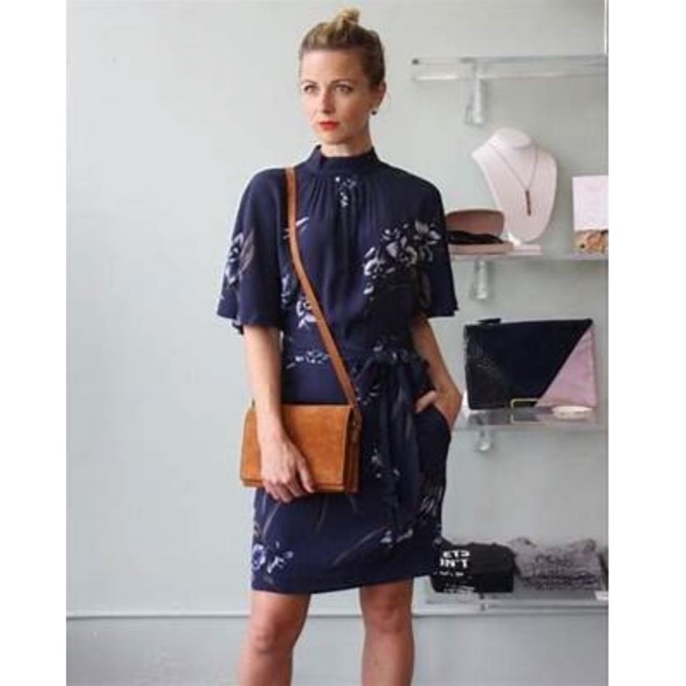 Ganni Navy Floral Short Sleeve Tie-Waist Dress
